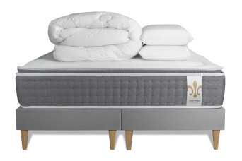 Pack lit complet 180x200 cm - Matelas + 2 Sommiers Gris + 2 oreillers + Couette - Vingt-Six PLUS