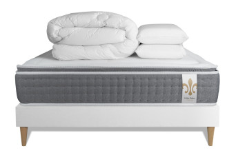 Pack lit complet 140x200 cm - Matelas + Sommier Blanc + 2 oreillers + Couette - Vingt-Six PLUS